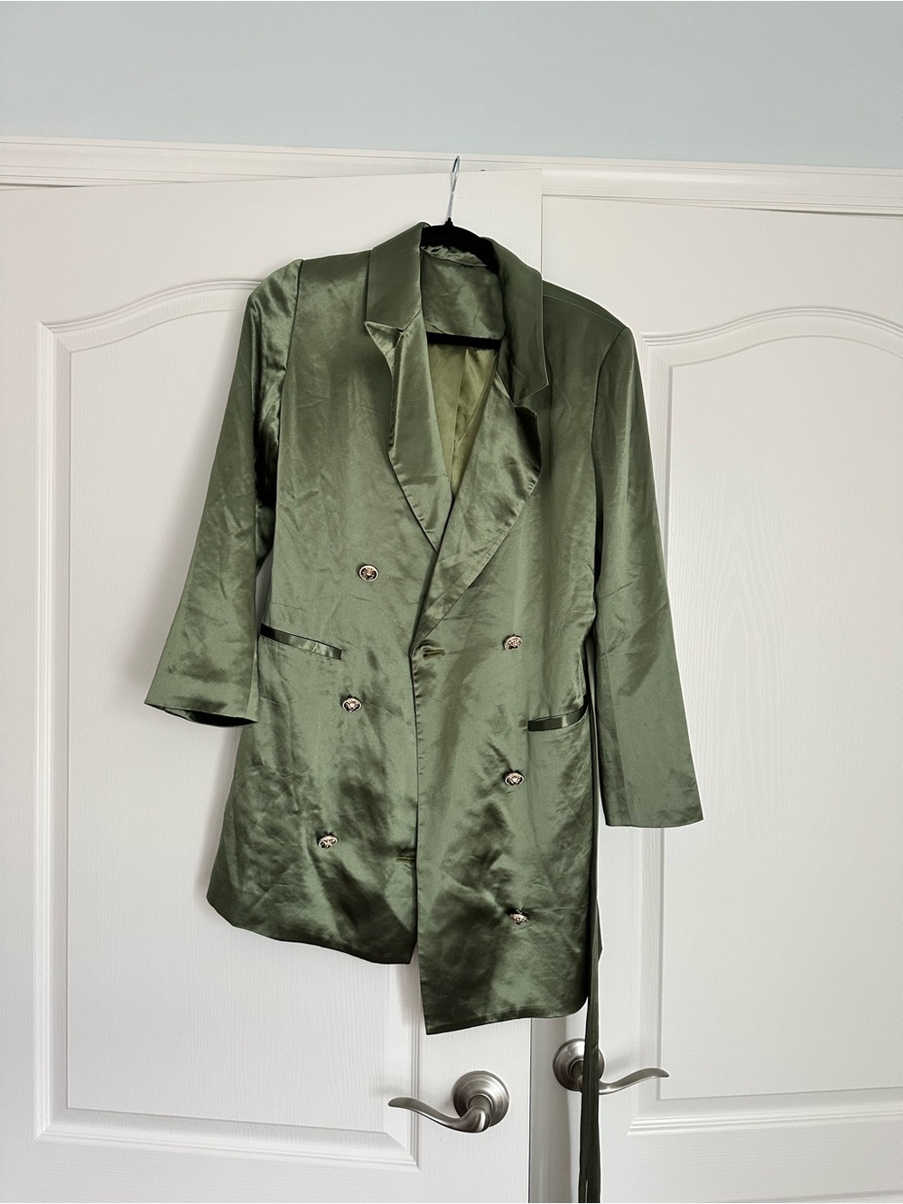 Satin Olive Green Double-Breasted Women's Blazer